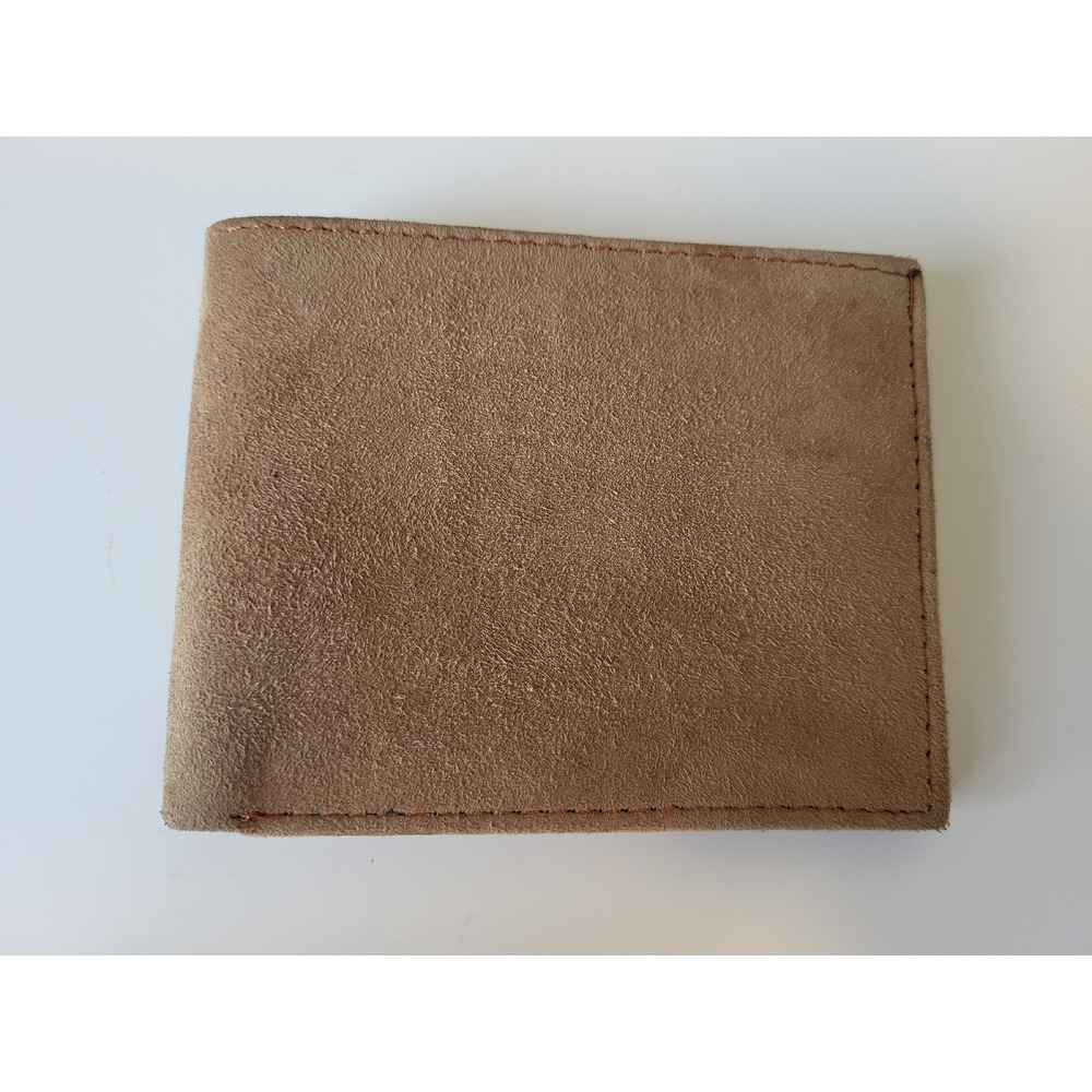 Tan Brown Suede Leather Bifold Wallet Mens Two ID Windows Slim Card Holder